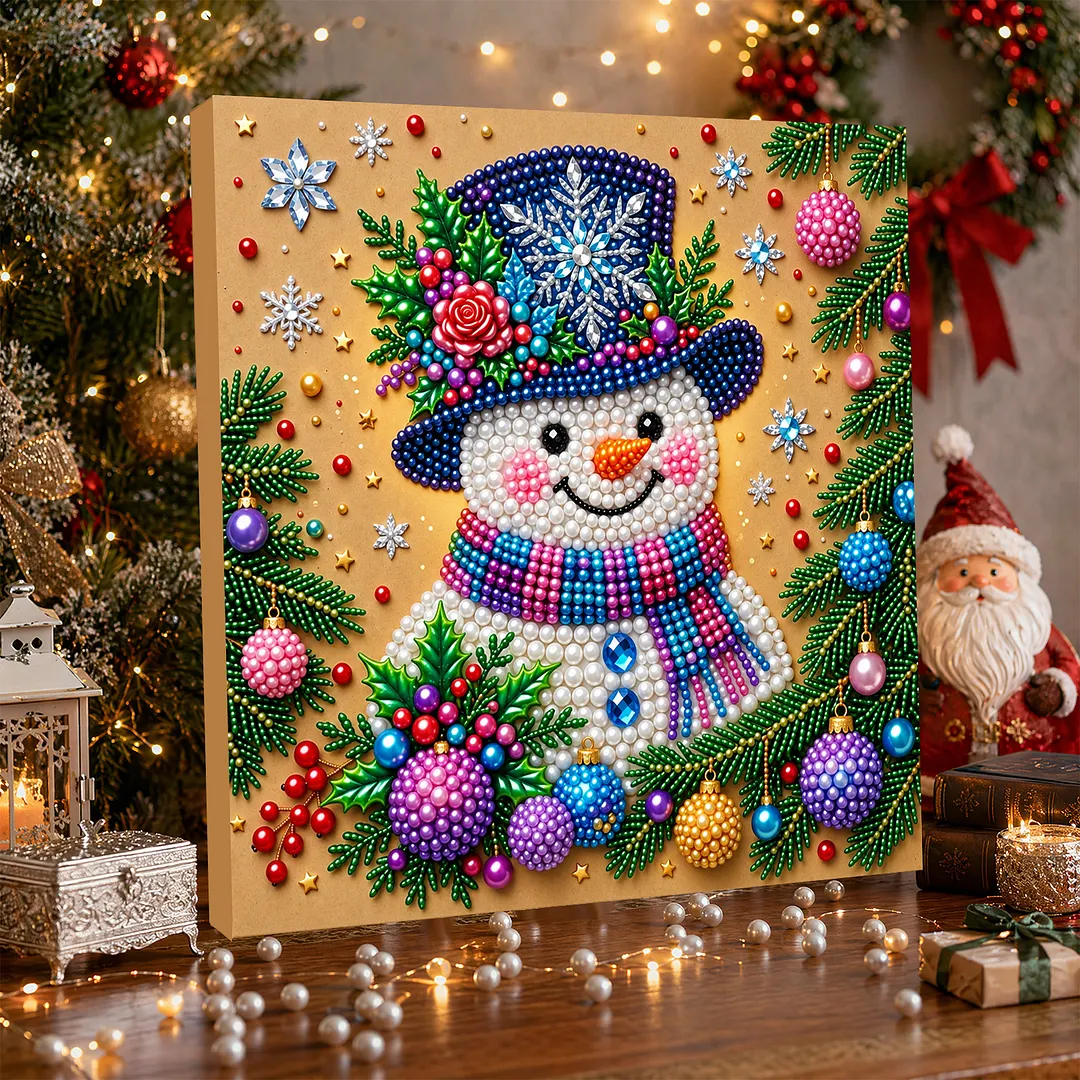 Framed Pearl Painting Kit Snowman with Ornaments 20x20cm