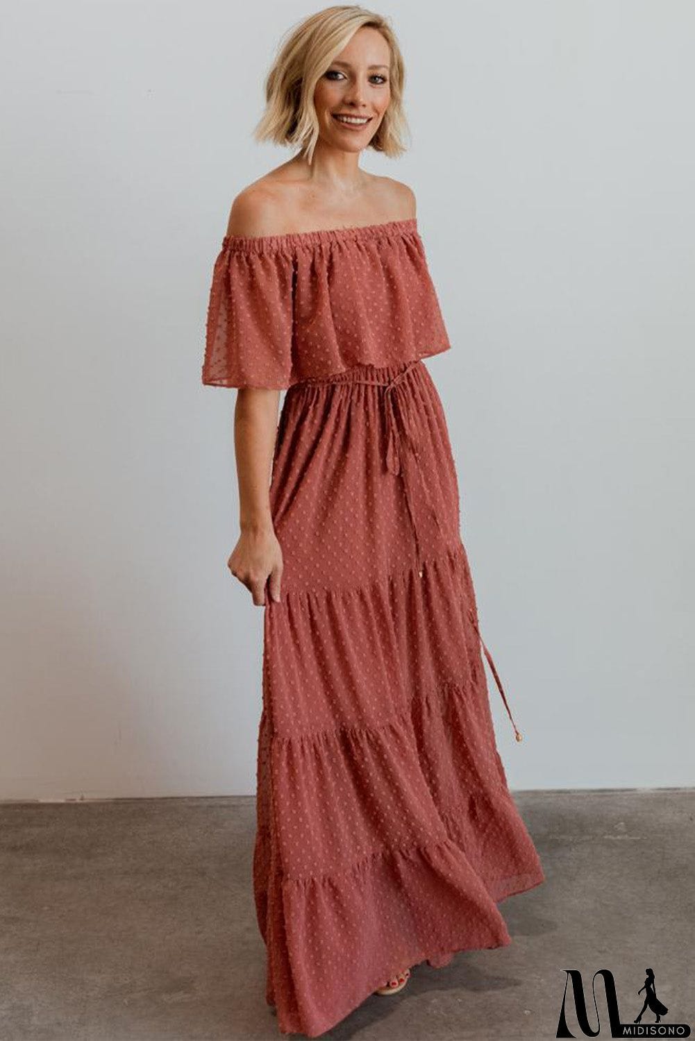 MidiSono - Rust Red Off Shoulder Ruffle Swiss Dot Maxi Dress