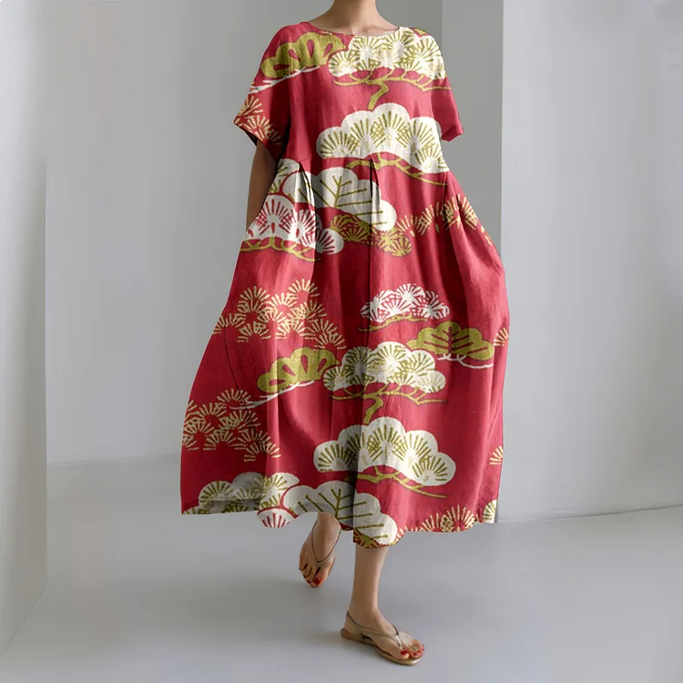 Japanese Plum Bossom Art Linen Blend Casual Dress