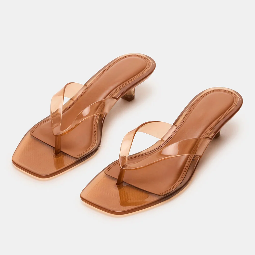 Brown Open Square Toe Slip-On Clear Sandals with Kitten Heel