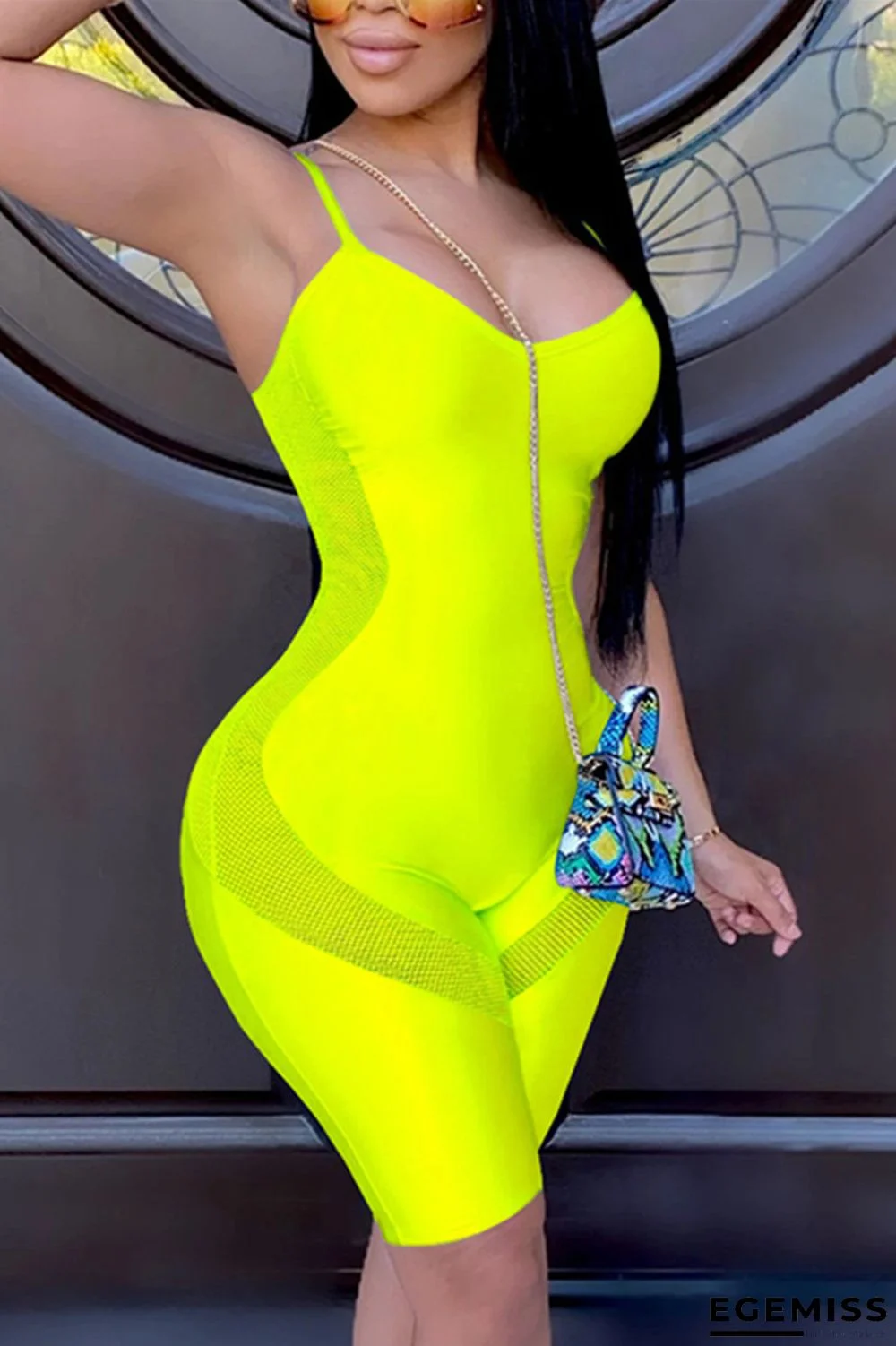 Fluorescent Yellow Fashion Sexy Patchwork Solid Sleeveless Slip Jumpsuits | EGEMISS