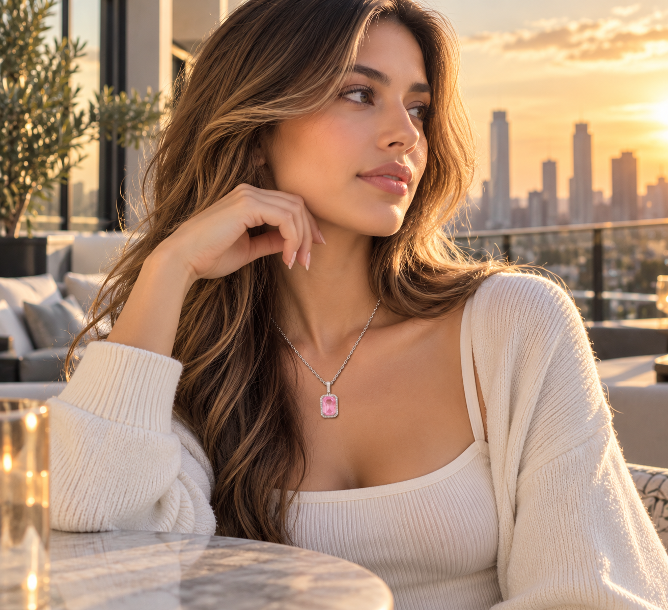 Woman wearing pink iced out gemstone pendant with silver chain