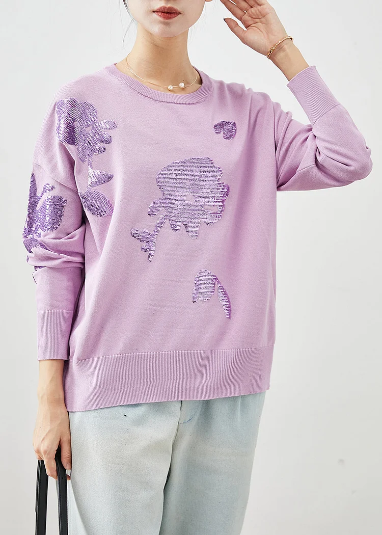 Organic Purple Sequins O-Neck Knit Sweater Winter