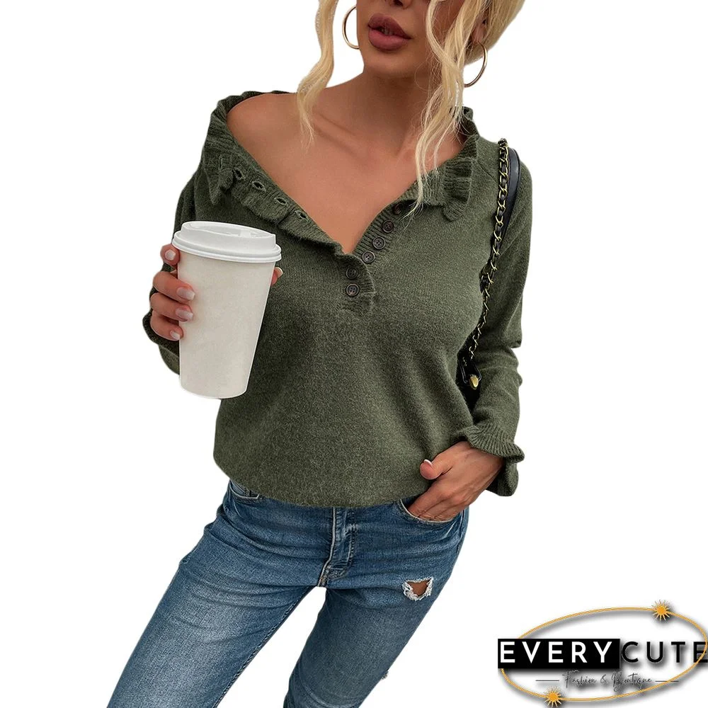 Green Ruffle Detail Crew Neck Long Sleeve Knitted Sweater