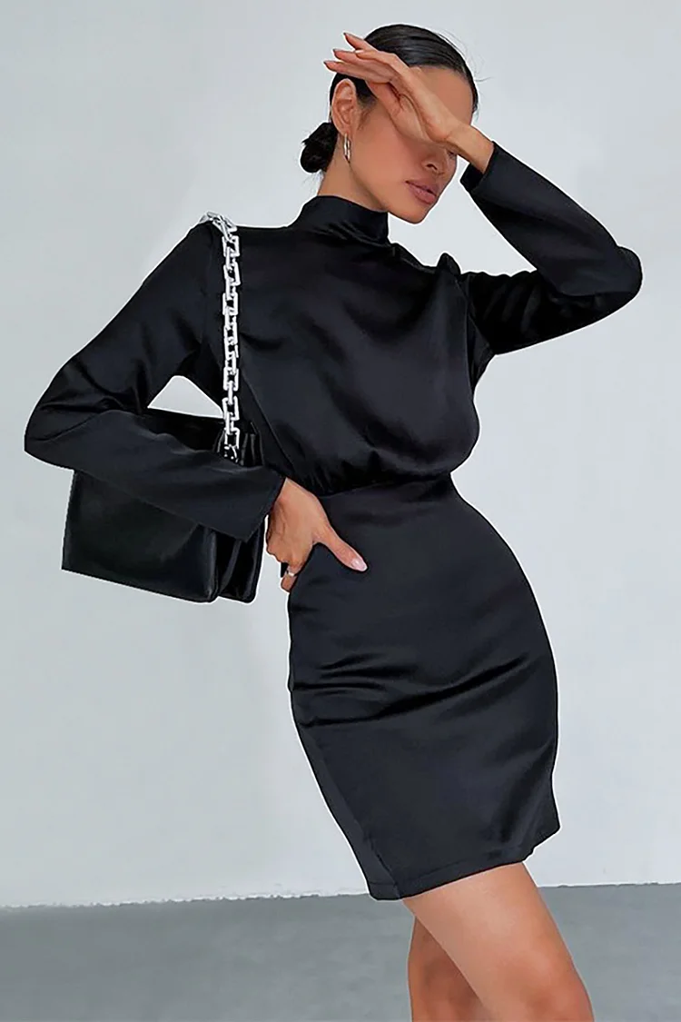 Stand Collar Backless Tied Up Mini Satin Dresses