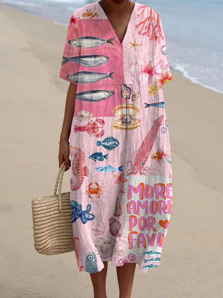 Women's Vintage Fish Art Print Flowy Dress
