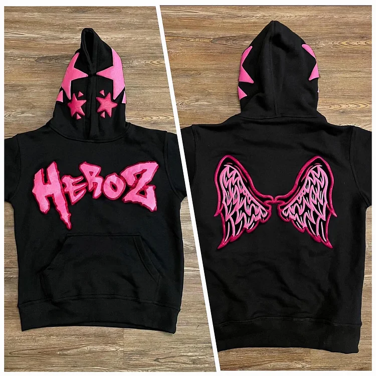 3D Letter Wings Foam Loose Pullover Hoodie High Street Hip Hop Retro Sweatshirt at Hiphopee