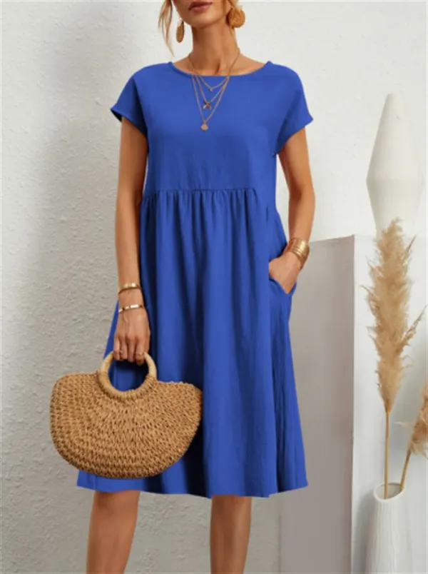 Women Cap Sleeve Pocket Midi Dress Round Neck Loose Casual Cotton Linen Summer Vacation Dress