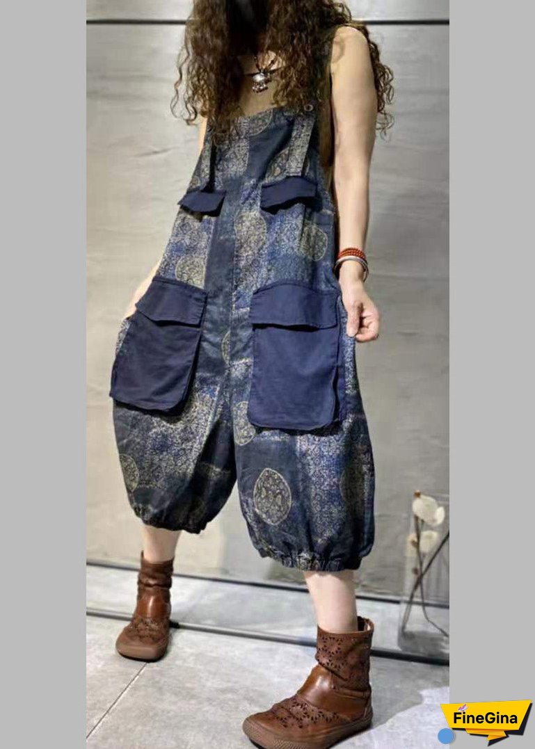 Plus Size Blue Print Oversized Pockets Patchwork Cotton Denim Jumpsuit Summer