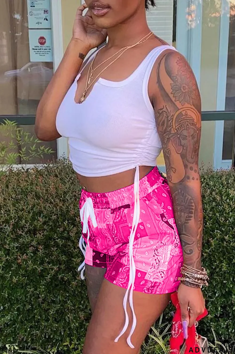 Grey Sexy Print Ripped Contrast Spaghetti Strap Sleeveless Two Pieces