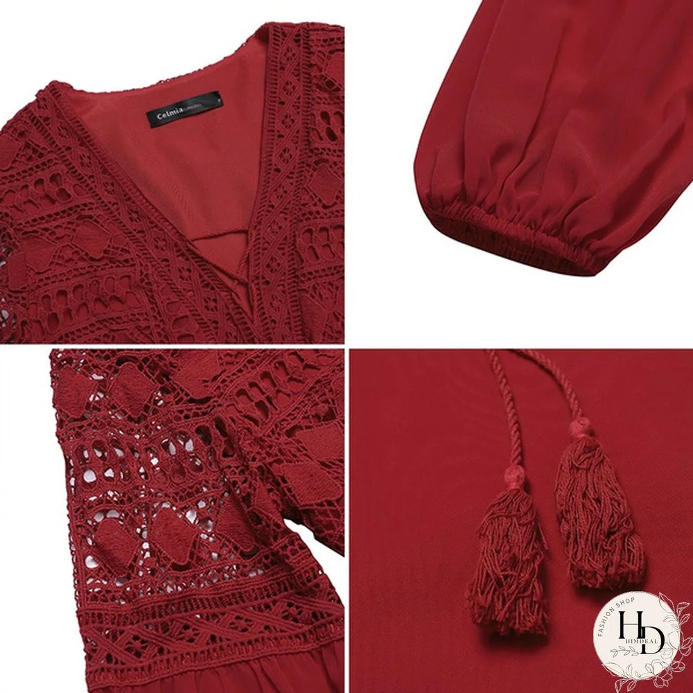 Womens Lace Stitching Lace Up Mini Dress Lantern Long Sleeve V Neck Evening Party Casual Loose Elegant A Line Dress Plus Size