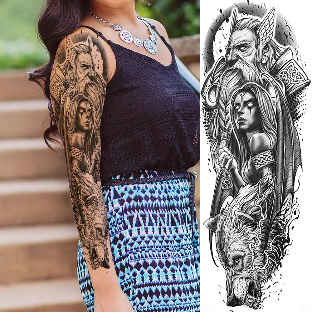 Sexy Full Arm Temporary Tattoos Sticker For Women Men Adult Gun Nun Vines Realistic Fake Tattoo Sleeves Large Tatoos Paste