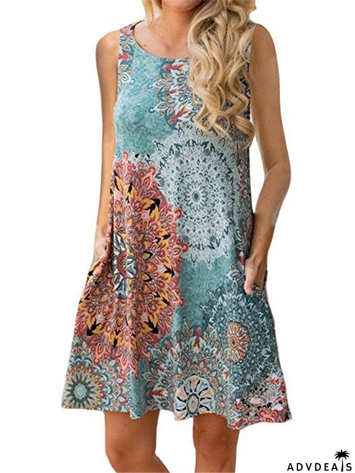 Sleeveless Printed Pullover Round Neck Dresses
