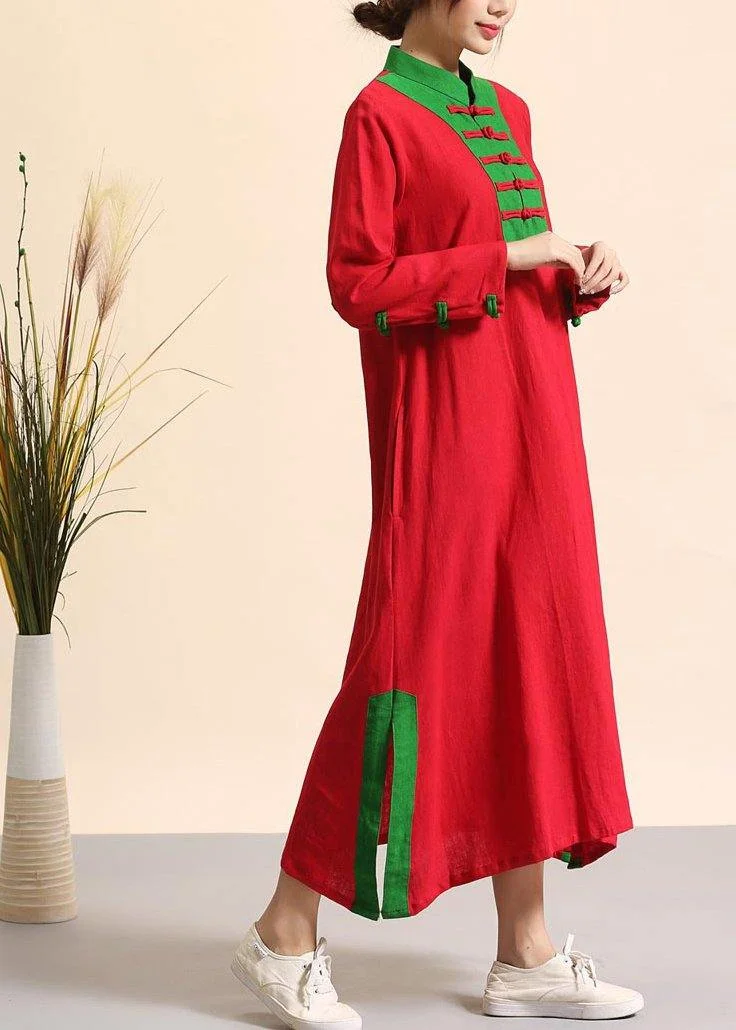Elegant Red Clothes Stand Collar Side Open Plus Size Spring Dress