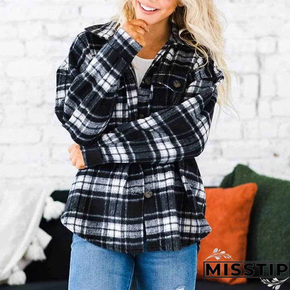 Classic Thick Colorblock Checked Button Down Shirt Jacket Woolen
