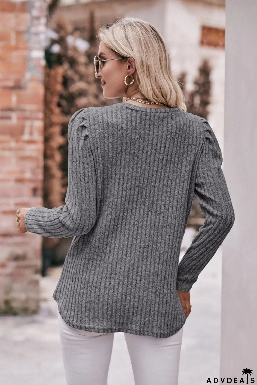 Double Take Round Neck Puff Sleeve Ribbed Top