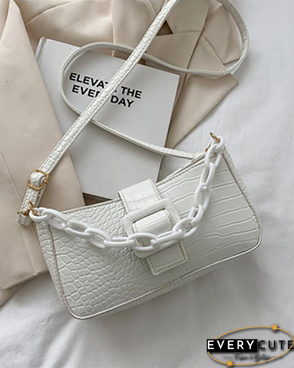 Chain Strap Croc Embossed Baguette Bag