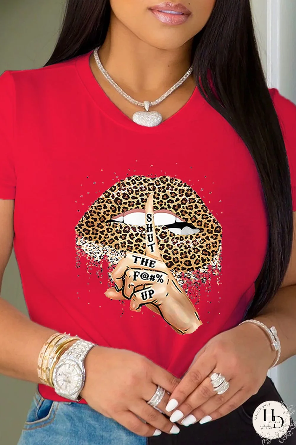 Red Street Lips Printed Patchwork O Neck T-Shirts