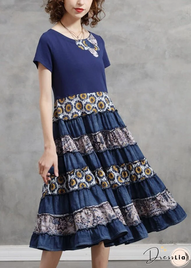 Women Blue O-Neck Patchwork Cotton Vacation Pleated Dresses Short Sleeve