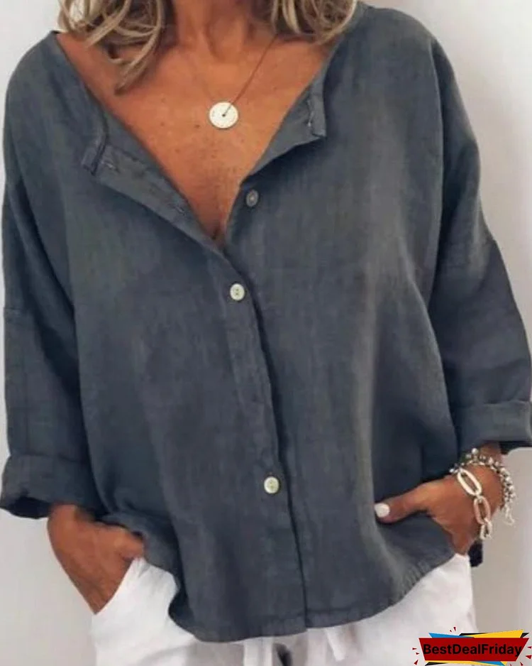 Casual Solid V Neck Long Sleeve Buttoned Blouses Tops