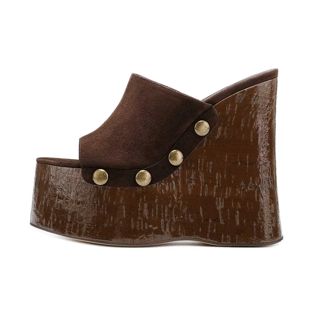 Chocolate Brown Studded Platform Wedge Heel Women's Mules Shoes
