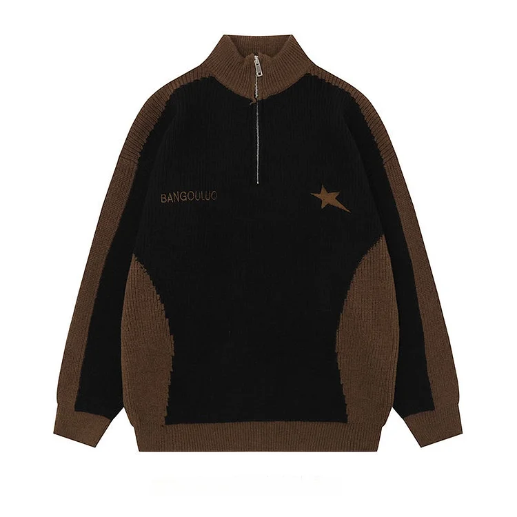 Demandernyc Autumn Winter Irregular Contrast Color Spliced Hip-zip Stand Collar Sweater Men and Women Letter Star Embroidery Casual Knitwear