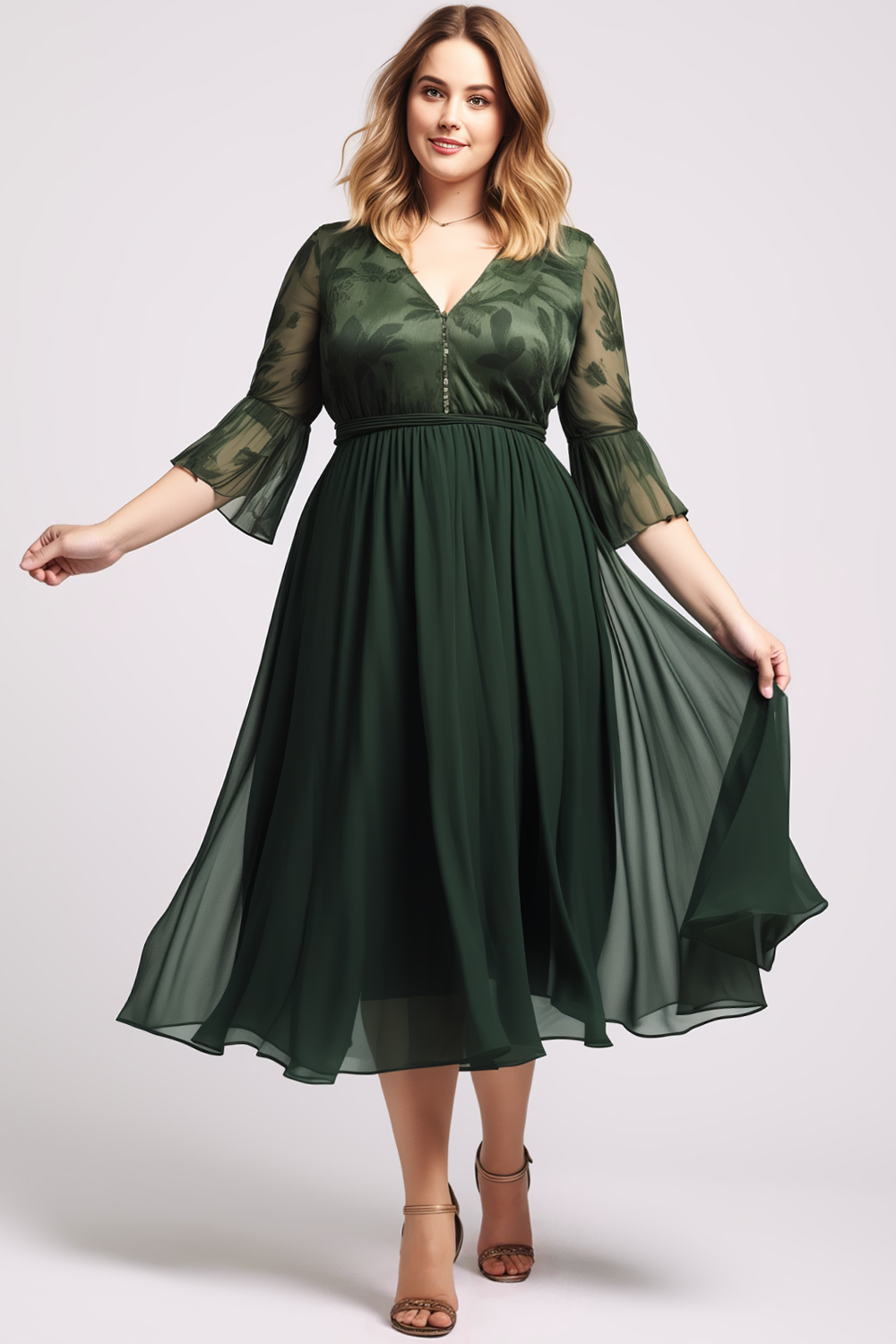 Flycurvy Plus Size Wedding Guest Dark Green Chiffon Lace Flare Sleeve Midi Dress 2024 - Flycurvy 
