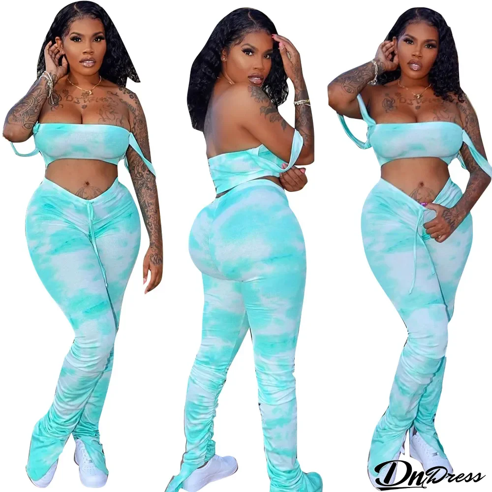 Sexy Tie Dye Crop Top Stacked Pants 2 Piece Sets