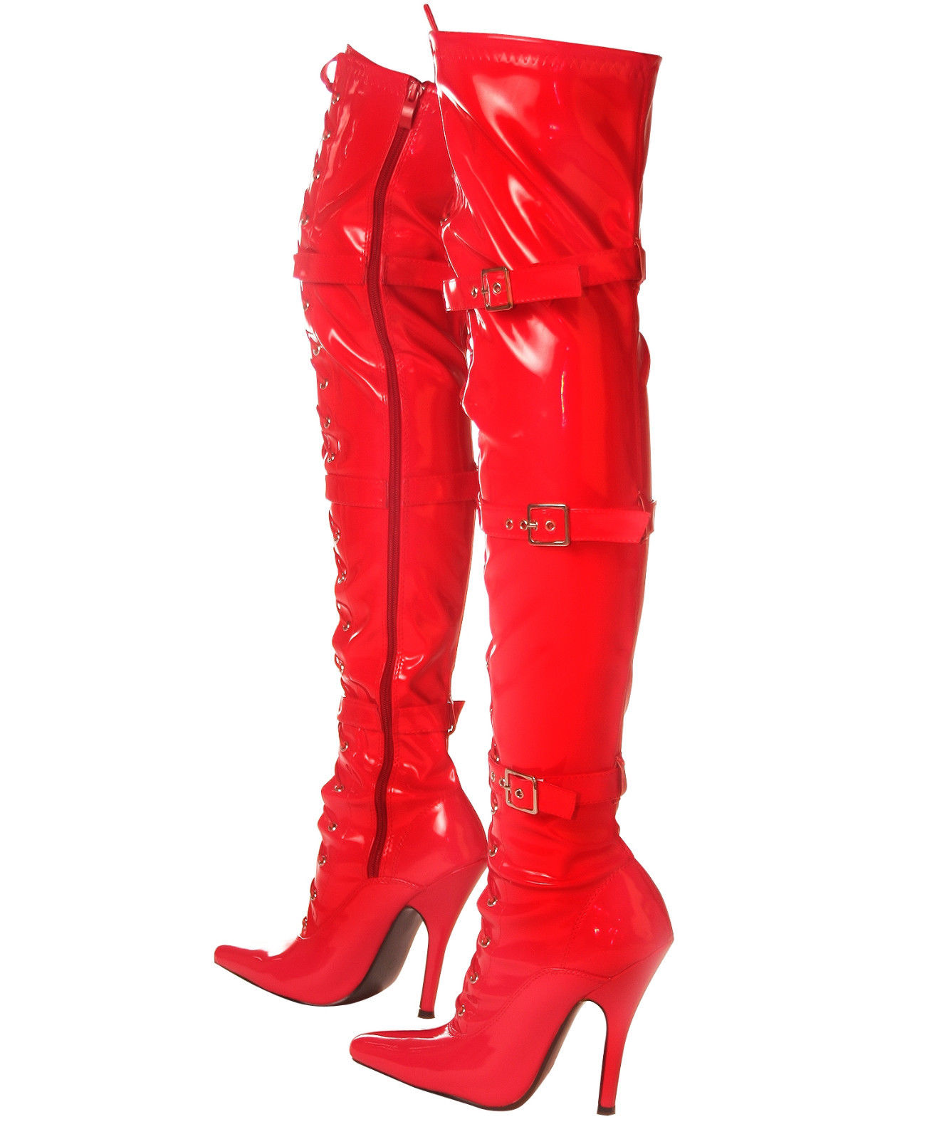 GOOSHOE Red Lace-Up Thigh High Stiletto Boots