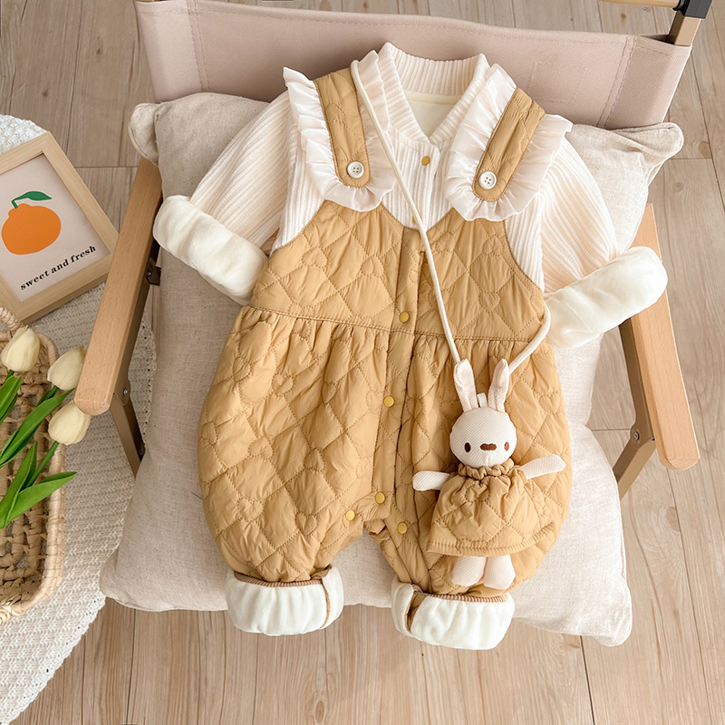Baby Girl Solid Color Fake Two Pieces Long Sleeve Romper and Rabbit Doll Set