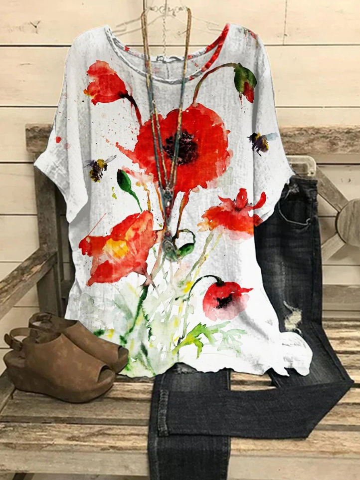 Women's Red Flower Print Casual Top