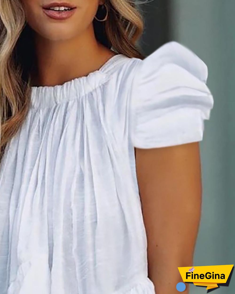 Puff Sleeve Ruffle Hem Ruched Top P14303