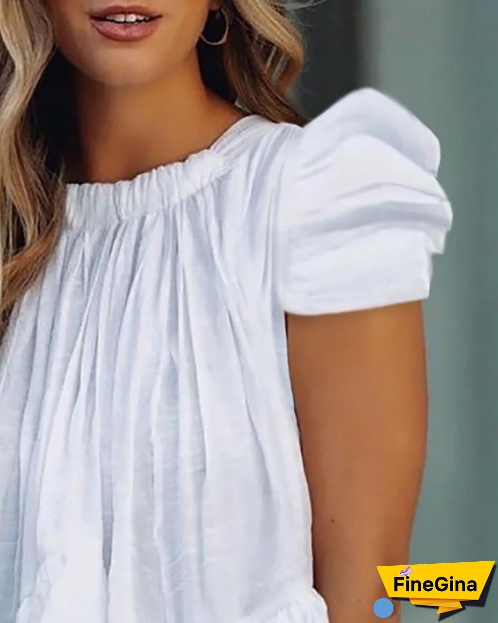 Puff Sleeve Ruffle Hem Ruched Top P14303