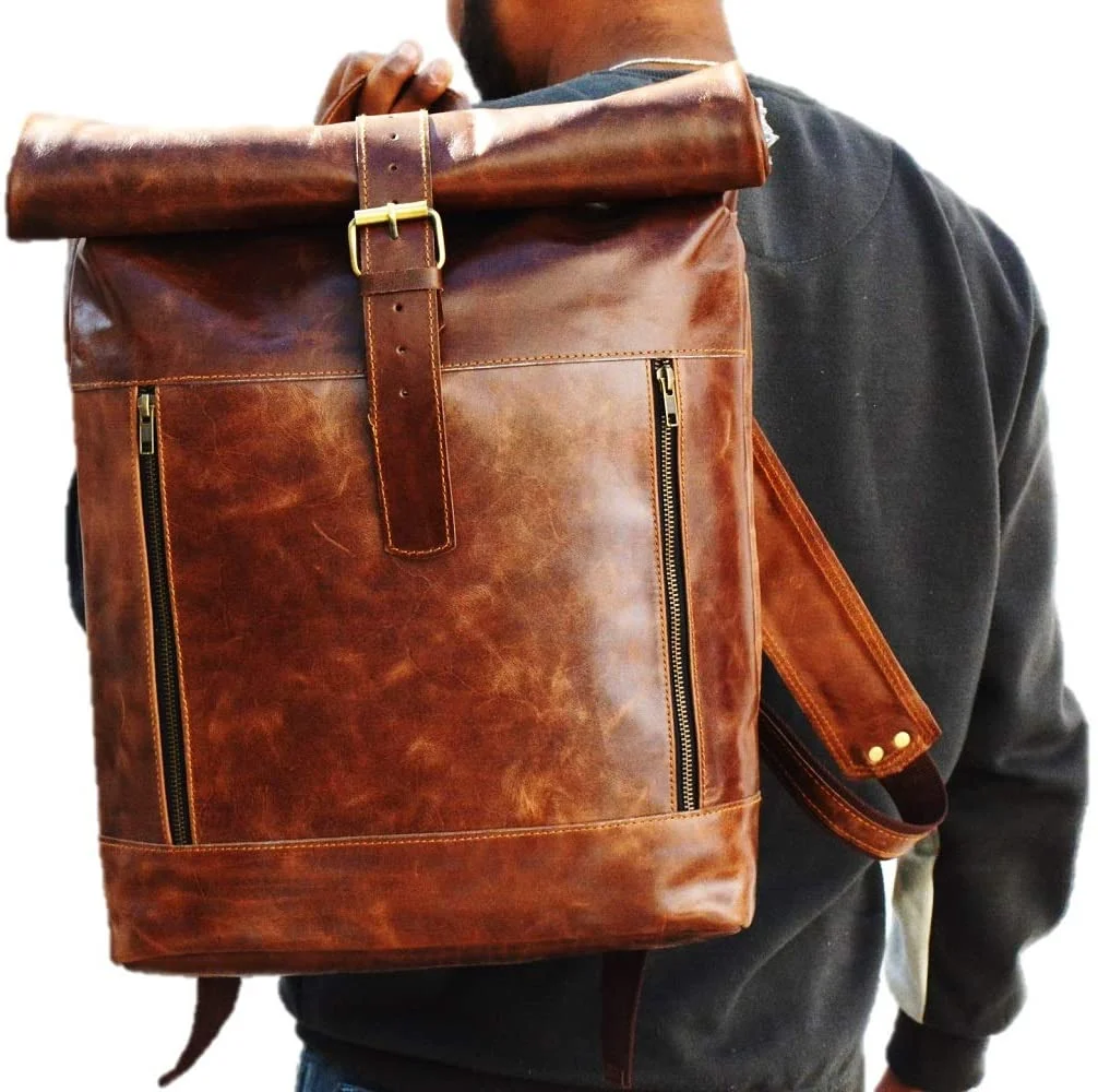 Leather Vintage Roll on Laptop Backpack For Men