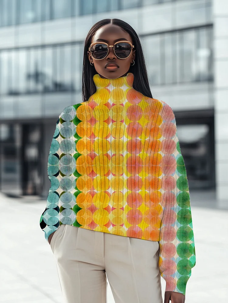 Women's Multicolor Round Pattern Geometric Art Print High Neck Knit Sweatshirt