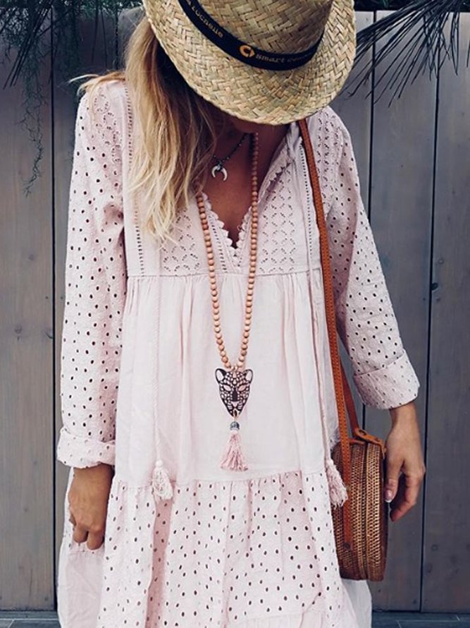 Light Pink Cotton-Blend Long Sleeve Dresses Zaesvini