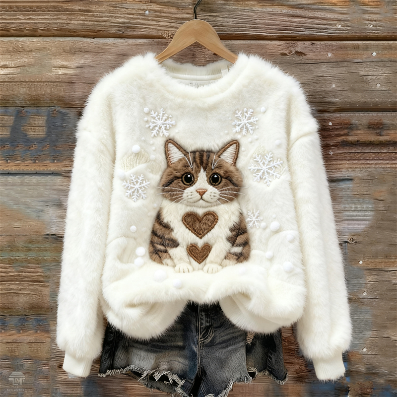 Cat With Heart Patterns Snowflakes Embroidered Cozy Plush Sweatshirt elevenforest