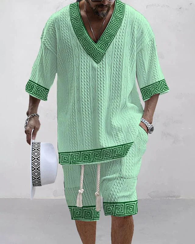 Men's V-neck luxury textured print shorts Set 93