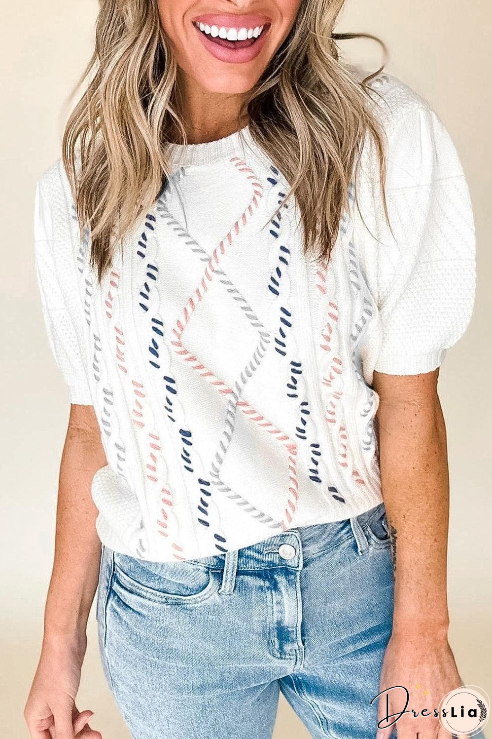 White Multicolor Stitch Detail Cable Knit Short Sleeve Sweater