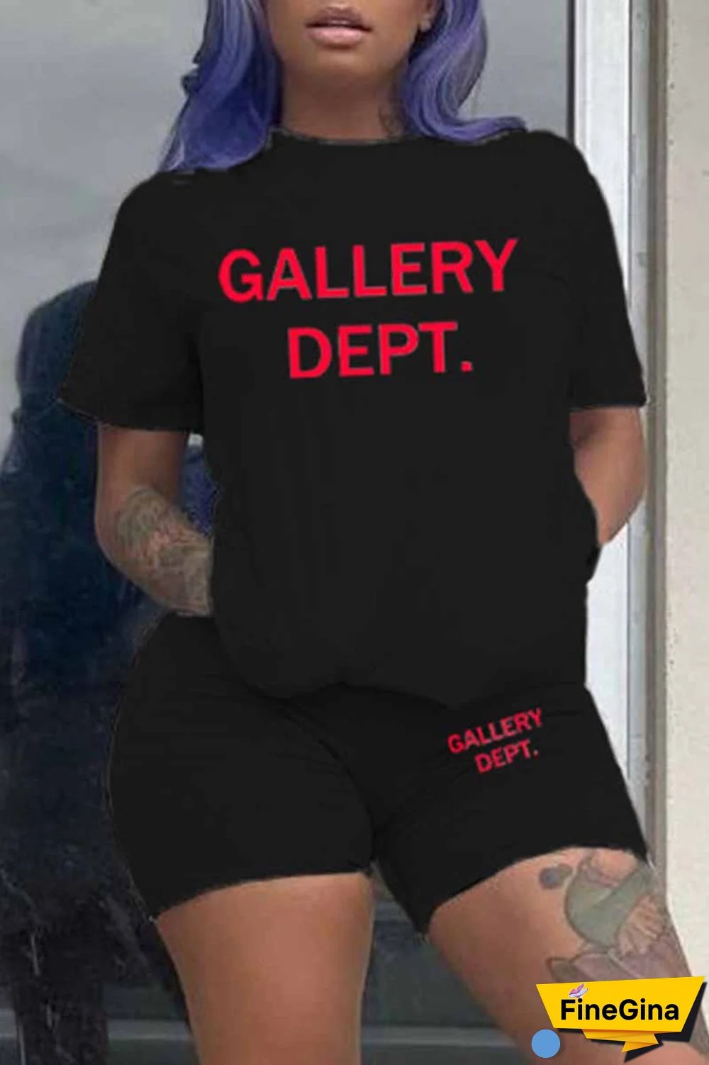 Purple Casual Print Letter O Neck Short Sleeve Two Pieces