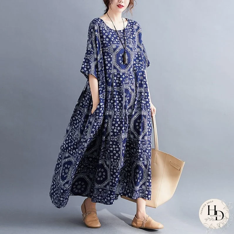 Plus Size Loose Cotton and Linen Print Dress