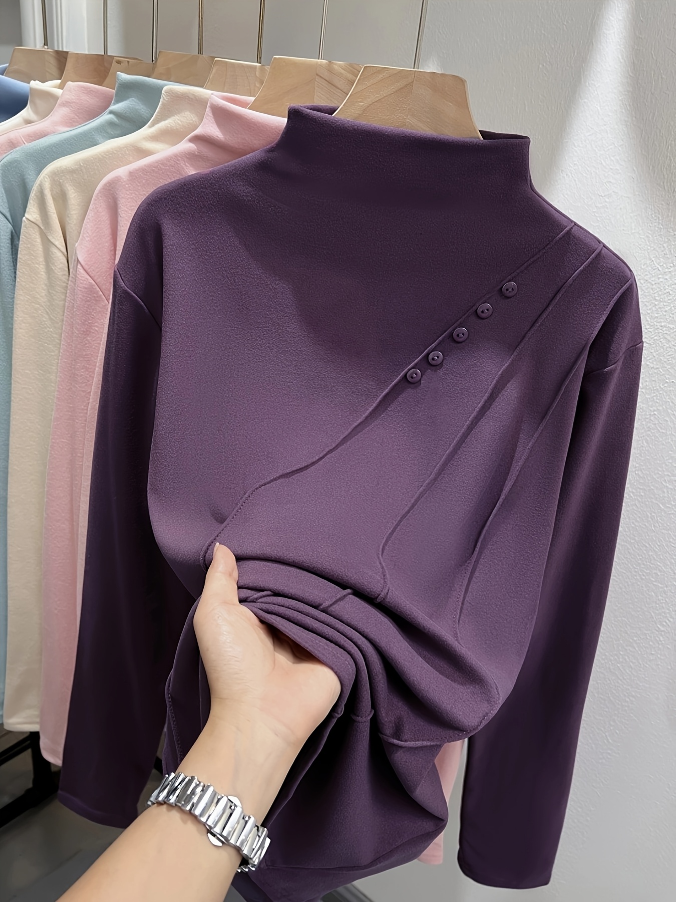 Chic Long Sleeve Button-Decorated Blouse for Women - Soft Pink, Stretchy & Comfortable, Perfect for Layering or Standalone Outfits, Casual Chic Top | Buttondown Blouse | Stretchy Fabric