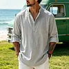 Men's Retro Vacation-Style Cotton-Linen Long-Sleeve Henley Shirt by Inlyline