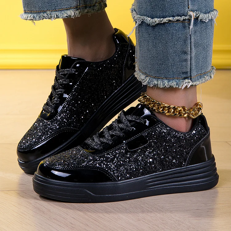 Glittering Metallic Sheen Patchwork Round Toe Lace Up Sneakers