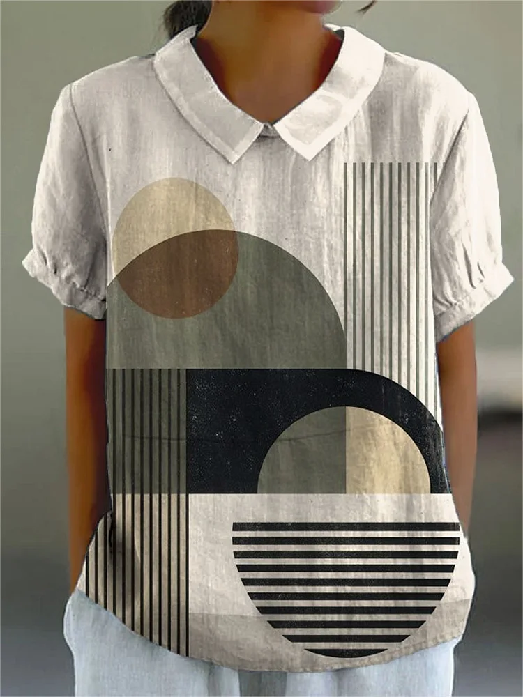 Women's Minimalist Art Geometry Print Casual Cotton And Linen Shirt
