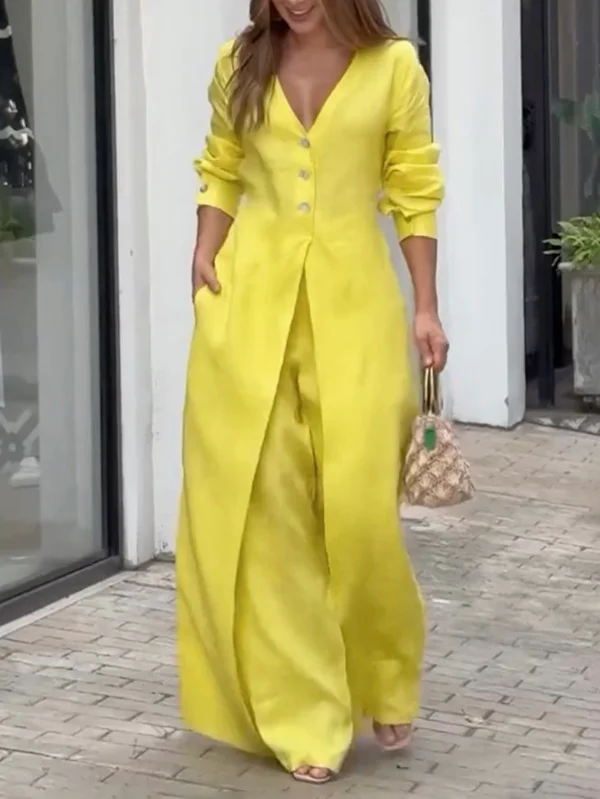 High Waisted Long Sleeves Buttoned Pockets Solid Color V-Neck Jumpsuits
