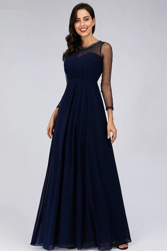 Elegant Navy Evening Gowns Chiffon Sheer Long Sleeve Prom Dress Online