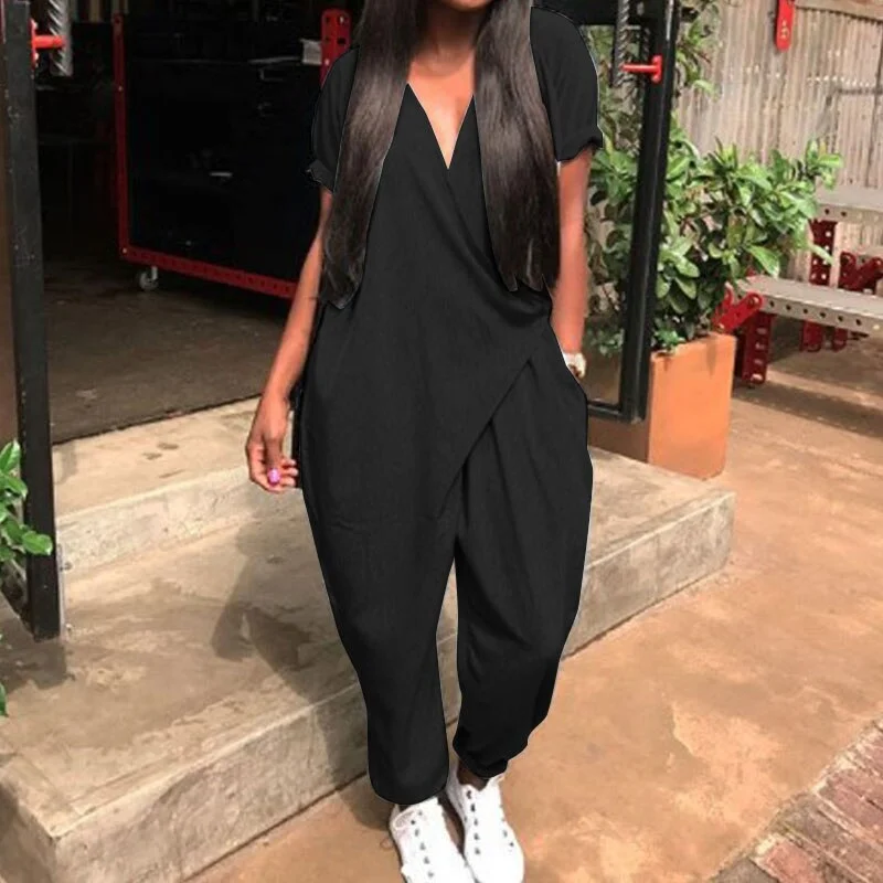 2022 Fashion Summer Rompers ZANZEA Women Jumpsuits Casual Loose V Neck Short Sleeve Overalls Harem Pants Solid Long Playsuits 7