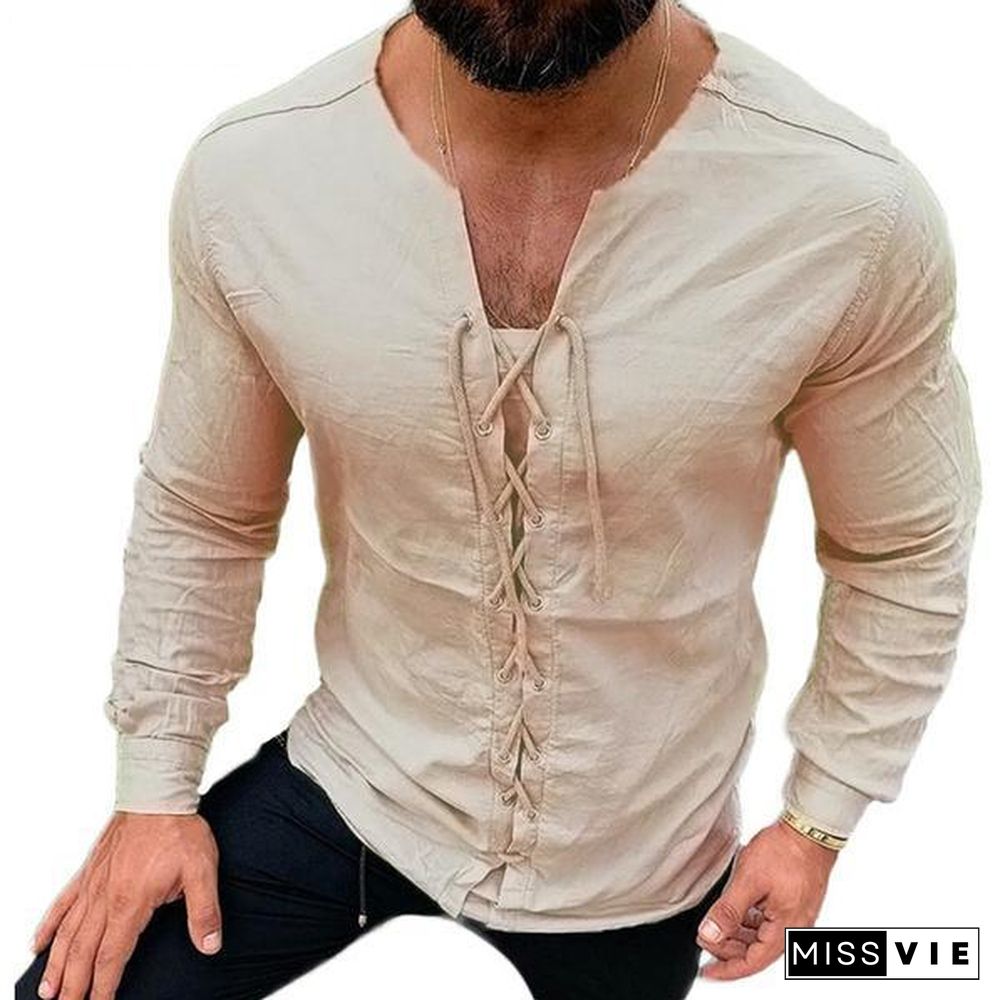 Lace-up Men Pirate Landlord Knight Tunic Casual Shirt