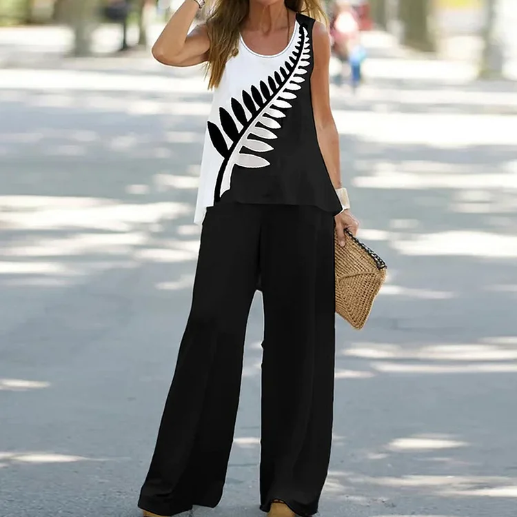 VChics Elegant And Elegant Color Contrast Sleeveless T-Shirt Two- Piece Set